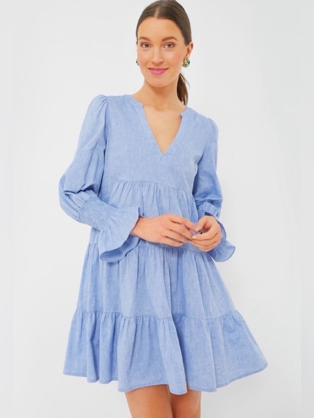 Pomander Place kenzo chambray Light Blue Tiered Long-Sleeve Dress size S EUC